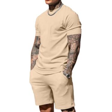 Imagem de Uni Clau Conjunto masculino de 2 peças, casual, camisa e shorts, roupas de verão e praia, agasalhos de treino, Caqui, GG