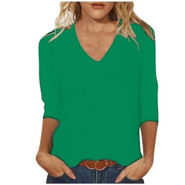 Imagem de Camiseta feminina de verão, cor sólida, manga 3/4, gola V, solta, casual, confortável, túnica para treino, Verde, G