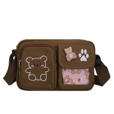 Imagem de Bolsa tiracolo Kawaii linda bolsa de ombro de lona para mulheres pequena bolsa carteiro, Marrom