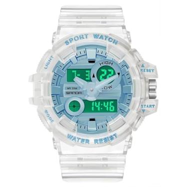 Imagem de Carlien Relógio esportivo masculino analógico com mostrador digital LED, militar, multifuncional, à prova d'água, quartzo, com pulseira transparente, Azul transparente, 47mm, Digital