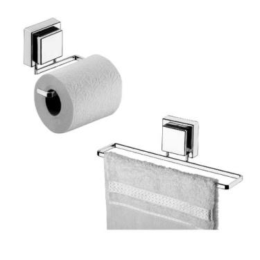 Imagem de Kit Suporte Lavabo Banheiro Cromado Porta Toalha Rosto E Papeleira Con