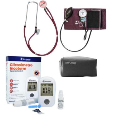 Imagem de Kit com esfigmomanômetro esteto completo bordô - Premium