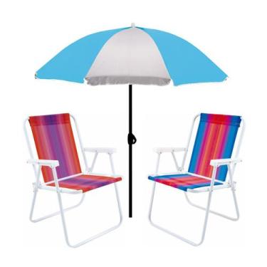 Imagem de Kit Guarda Sol 1,8m Fashion 2 Cadeira Alta Aço Dobrável Praia Camping 