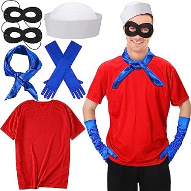 Imagem de Xaatren 6 peças de acessórios de fantasia de marinheiro de Halloween para adultos, camiseta chapéu de marinheiro máscara de olho cachecol luvas de cetim para cosplay (GG), Cores clássicas, One Size