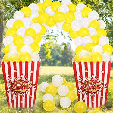 Imagem de 2 Pieces Giant Popcorn Box Cardboard Stand up with 100 Balloons Movie Popcorn 3D Popcorn Box Cardboard Stand up and Yellow White Popcorn Theme Balloons Carnival Decorations for Movie Themed Party (1)