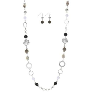 Imagem de Jules D. Conjunto de colares e brincos de corrente longa com contas de várias cores prateadas/banhado a ouro para mulheres, suéter, bijuteria, long, Prata Pedra preciosa, Sem Pedra Preciosa