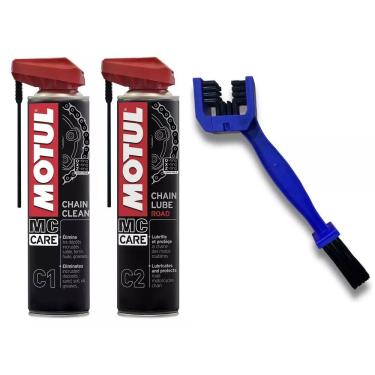 Imagem de Kit Motul C1 Chain Clean 400ml + C2 Chain Lube Road 400ml+Escova Limpeza Corrente Transmissão Moto