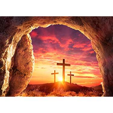 Imagem de BELECO Tecido de 2,1 x 1,5 m de pano de fundo da tumba de Páscoa nascer do sol, cruz de Jesus santo, túmulo vazio, fundo ressurreição de Jesus, decoração de santuário de igreja, crença religiosa,