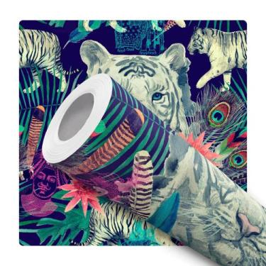 Imagem de Papel De Parede Adesivo Lavável Tigre De Bengala Flores E Penas Abstra