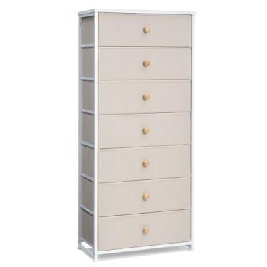 Imagem de Crestlive Products Cômoda alta, torre de armazenamento Fabirc larga com 7 gavetas, cômoda – Unidade organizadora vertical para quarto, corredor, entrada, berçário, armários com alças (bege)