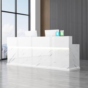 Imagem de Mesa de recepção com balcão, recepção de recepção grande, balcão de recepção de escritório com gavetas bloqueáveis, mesa de balcão de caixa de varejo em pé, textura branca, 140 x 60 x 99 cm