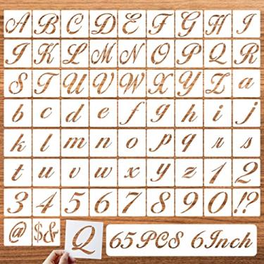 Imagem de DZXCYZ Estêncil de símbolo de letra de 15,2 cm para pintura em madeira, 65 modelos de desenho do alfabeto com caligrafia fonte grande e letras cursivas números, estêncil de artesanato de plástico reutilizável