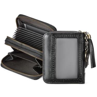 Imagem de Carteira porta-cartão de crédito BOSTANTEN RFID com zíper duplo, carteira pequena para mulheres, carteira de couro com chaveiro e borla preta