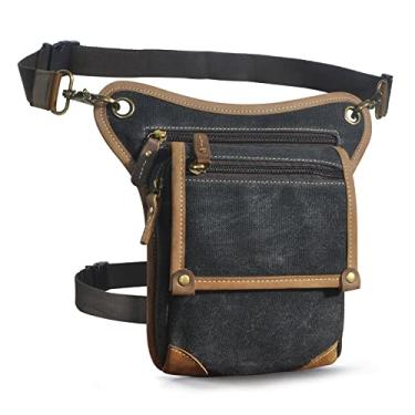 Imagem de Le'aokuu Bolsa mensageiro masculina de lona e couro legítimo, impermeável, para trilhas, cintura e quadril 211-4, Preto, 8.66 inches (L) x 1.37 inches (W) x 5.9 inches (H), masculino