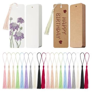 Imagem de 120 marcadores de livro de papel kraft em branco com 100 borlas coloridas, marcadores de papel de borlas para projetos de arte DIY, material escolar, etiquetas de presentes 14 x 5 cm