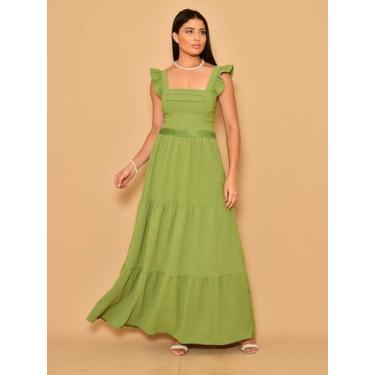 Imagem de Vestido longo luxo duna lisa com babada na manga renda na cintura 1943