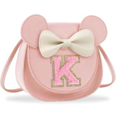 Imagem de Presentes de aniversário para meninas de 2, 3, 4, 5, 6, 7, 8, 9 e 10 anos de idade, bolsa infantil infantil para meninas pequenas com laço de orelha de rato personalizado, Letra rosa pequena, K, K