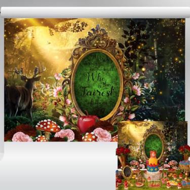 Imagem de Pano de fundo de floresta mágica de conto de fadas para festa com tema de princesa espelho na parede banner decoração de aniversário de meninas 2,1 x 1,5 m 16