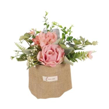 Imagem de FLCPJGV Flor artificial de suspensão com um saco de estopa Plantas em vaso em vaso de plantas internas de primavera externa Summer Flores faux para janela do, Rosa