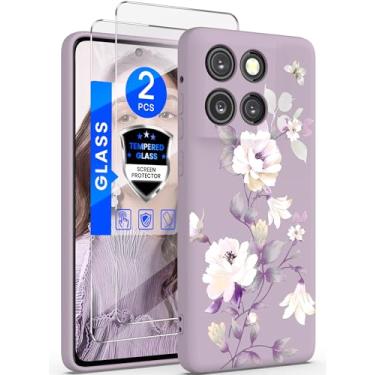 Imagem de Yucenx Capa para Motorola G Stylus 5G 2025 com 2 películas de vidro temperado, capa de telefone de silicone líquido floral para meninas, mulheres, capa de proteção macia à prova de choque e