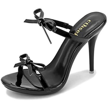 Imagem de cthseie Sandálias femininas de salto plataforma com tiras stilettos mules bico aberto sem cadarço moderno vestido sexy bonito laço sem costas salto alto chinelos de salto alto, Preto, 40