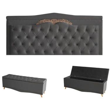 Imagem de Kit Barcelona Cabeceira De Cama Painel E Calçadeira Baú Queen 160 Cm Suede Grafite Do Lar Móveis E Decoração