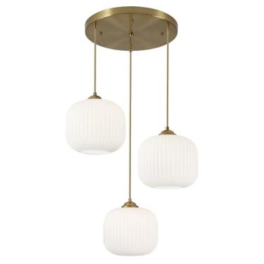 Imagem de BOKT Luminária Pendente Branca Para Ilha De Cozinha, Lustre Grande De Vidro Canelado, Luminária Pendente Ajustável Vintage Dourada Para Pia E Sala De Jantar