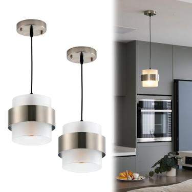 Imagem de IkirourI Luminárias Pendentes Para Ilha De Cozinha, Pacote Com 2 Mini Luzes De Vidro De 7 Polegadas Para Corredor De Entrada, Luminária Decorativa Para Mesa De Jantar E Bar (Níquel Escovado Com Bran