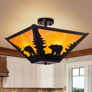 Imagem de TOCHIC Luminária De Teto Rústica Semi-Embutida, Luminária De Sala De Jantar Estilo Fazenda Com Gaiola De Metal Em Formato De Urso, Lustre Preto Ocidental De 4 Luzes, Luminária De Teto Para Hall De