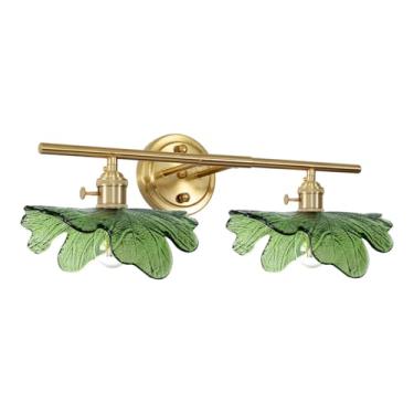 Imagem de Auwieou Luminárias De Banheiro Sobre Espelho, Arandelas De Parede Douradas De 2 Luzes Com Cúpula De Vidro Verde, Arandela De Banheiro De Meados Do Século, Luminária De Parede Vintage Para Cabeceira
