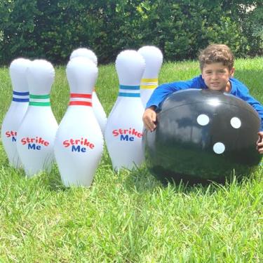 Imagem de Conjunto de boliche inflável gigante infantil - 6 pinos de boliche infláveis jumbo de 68 cm - 1 bola de boliche de 61 cm - Fita brilhante de 76 cm - Bomba de 1 pé - 1 bolsa de malha-10 folhas de