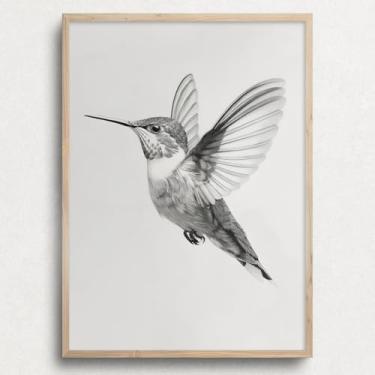 Imagem de Arte de parede em tela de beija-flor pintura de pássaro vintage impressões de esboços de animais preto e branco imagem de pássaro minimalista arte de parede de animal vintage beija-flor pôster neutro