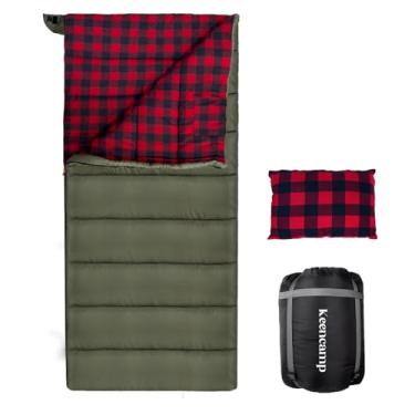 Imagem de Saco de dormir Keencamp para -18 ºC, de flanela de algodão, para clima frio de inverno, 4 estações, com travesseiro e saco de compressão, para adultos grandes e altos (2GG)