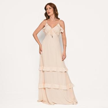 Imagem de Vestido Bisô Longo Crepe Babados Areia-Feminino