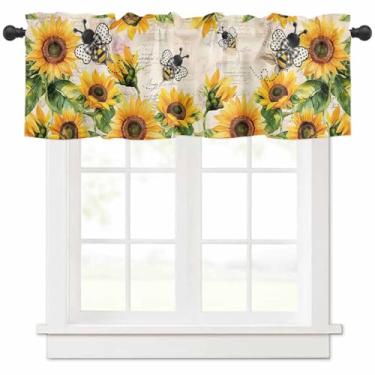 Imagem de Cortina de cortina para cozinha, girassóis de fazenda, flores, abelhas, plantas, padrões retrô, filtro de bolso para varão, tratamento de janela, isolamento térmico para decoração de banheiro, sala de