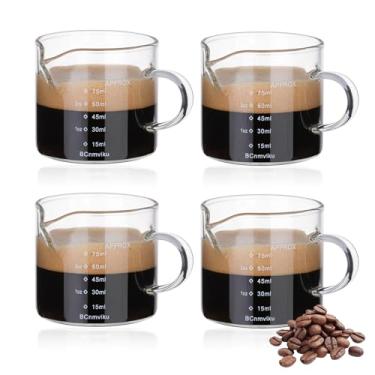 Imagem de BCnmviku Pacote com 4 copos medidores de vidro expresso, jarra tripla para leite de 75 ml, copos de café expresso com alça, copo de shot com boca em forma de V, acessórios transparentes para espumar