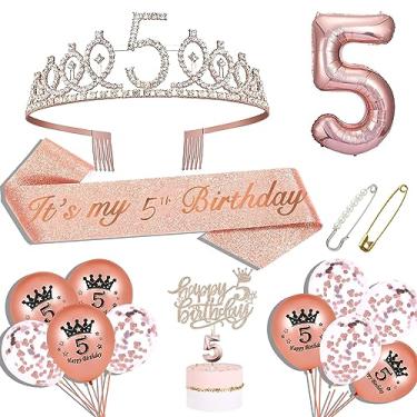 Imagem de Hysilla Decorações De 5º Aniversário Para Meninas, Faixa, Coroa, Topo Bolo, Balões, Conjunto Alfinetes E Velas, Ouro Rosa