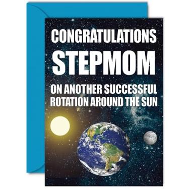 Imagem de Cartões de aniversário engraçados para madrasta - Rotação da Terra - Cartão de aniversário de piada rude para madrasta de enteado e filha, humor 40º 50º 60º 70º 80º aniversário A5 Step Mommy Mama