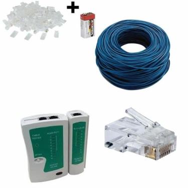 Imagem de Kit 100m Cabo Rede + Testador Cabos + Bateria+ 100 Plug Rj45 - dgs