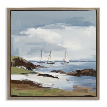 Imagem de Stupell Industries Tela flutuante marrom com nuvens temperamentais sobre veleiros design de arte de parede por Elara Yasna, 45,7 x 45,7 cm