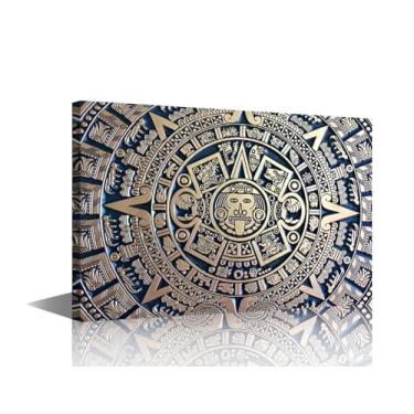 Imagem de TUMOVO Arte de parede em tela de calendário asteca para sala de estar, decoração de casa, pôster de pedra do sol asteca dourado impressões em tela, decorações de parede maias para quarto, banheiro