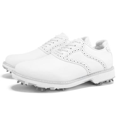 Imagem de ZHENSI Spikes Tênis de golfe feminino à prova d'água para treinamento de golfe de couro com cadarço antiderrapante, Branco, 36 BR