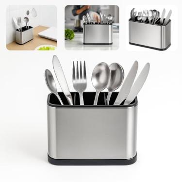 Imagem de Escorredor Porta Talheres De Aço Inox Premium com 4 Divisórias Organizador de Utensílios Compacto, Sistema de Drenagem D’agua.