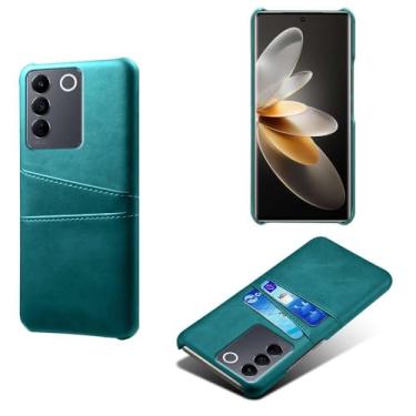 Imagem de Capas Compatível com VIVO S16e,Caso de couro PU-Tampa de telefone a prova de choque com 2 slots de cartão,Proteção anti-impressão digital e anti-gota-Green