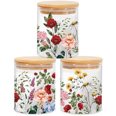 Imagem de JarThenaAMCS 3 potes de armazenamento de vidro floral vintage com tampa hermética conjuntos decorativos de flores silvestres para biscoitos, primavera, verão, fazenda, casa, cozinha, bancada