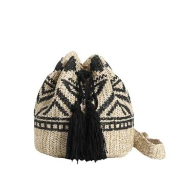 Imagem de SHAREYOIU Bolsa feminina Boho Bucket de tecido palha bolsa de praia de ombro com cores doces, Preto