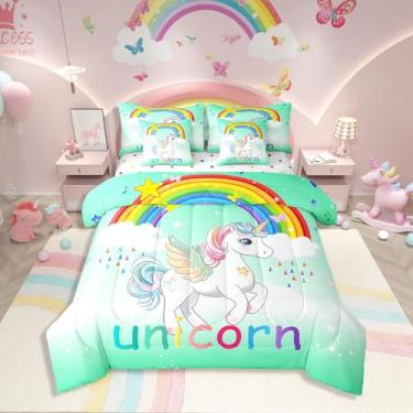 Imagem de Erosebridal Jogo de edredom solteiro, tamanho solteiro, arco-íris, unicórnio, com lençol de cima e lençol com elástico para crianças, adolescentes e adultos, conjunto de cama fantasia ombré, com