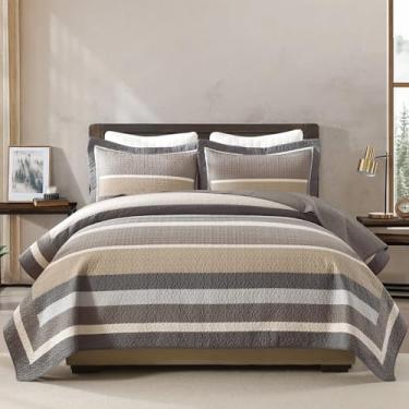 Imagem de Finlonte Conjunto de colcha queen size, edredom queen listrado de fazenda, colcha acolchoada de algodão, cinza, bege, creme, leve, reversível, conjunto de cama para todas as estações, 3 peças