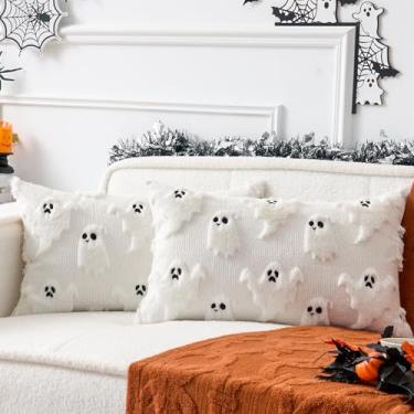 Imagem de UGASA Capas de travesseiro de Halloween 30,5 x 50,8 cm, conjunto de 2 lindos fantasmas, fronhas assustadoras macias de lã sintética, retangulares, capas lombares retangulares, presente para sofá