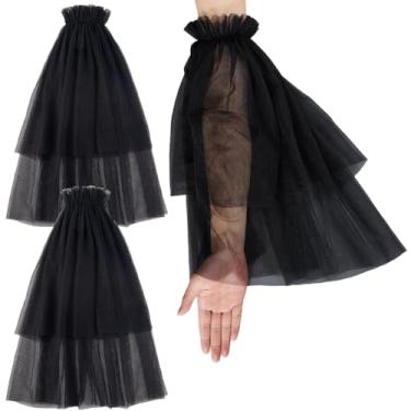 Imagem de GORGECRAFT 2 peças de luvas pretas de nylon transparente e fofa, renda fofa, sem dedos, capa removível para casamento, noiva, braços, mangas longas de tule, para Halloween, cosplay, dança, chá